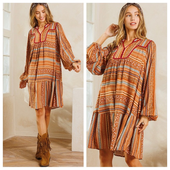 40 Fabulous Boho Printed caftan Style Long Balloon Sleeve Midi Dress - Picture 4 of 6
